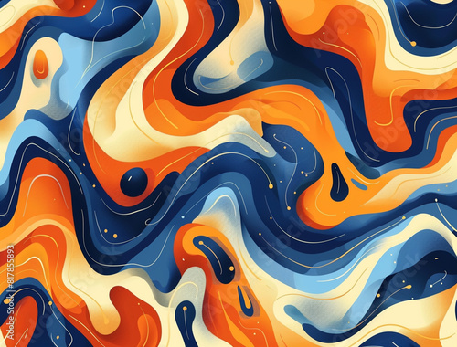 Dynamic abstract waves background. A vibrant and dynamic illustration with fluid shapes in shades of blue, orange, and gold, perfect for adding an artistic and energetic accent.
