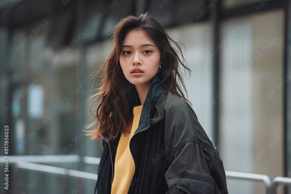 Fototapeta premium Full-height model confidently showcasing different styles of clothing against a neutral background