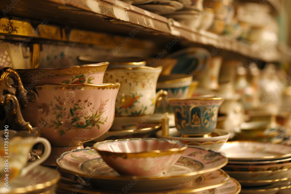 Antique Porcelain Bowls and Plates on Wooden Shelf Antique Porcelain Bowls and Plates on Wooden Shelf