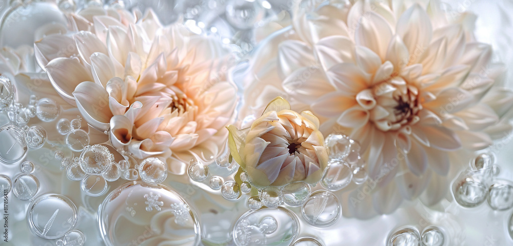 Cream dahlia flowers in water form a subtle, elegant abstract backdrop. Cream dahlia flowers in water form a subtle, elegant abstract backdrop.
