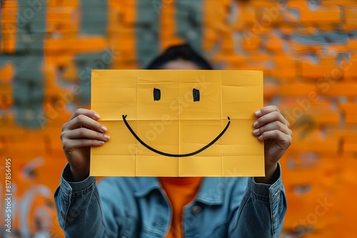 Person holding yellow paper with smiley face drawing