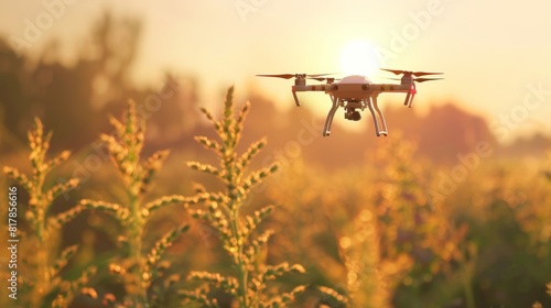 Drone Hovering Over Cornfield at Golden Hour for Agricultural Surveillance