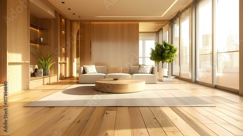 An inviting empty living room space in a modern apartment  showcasing beautiful hardwood floors that add warmth and sophistication to the room. 