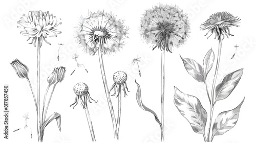 Elegant outline drawing of dandelion plant with flower