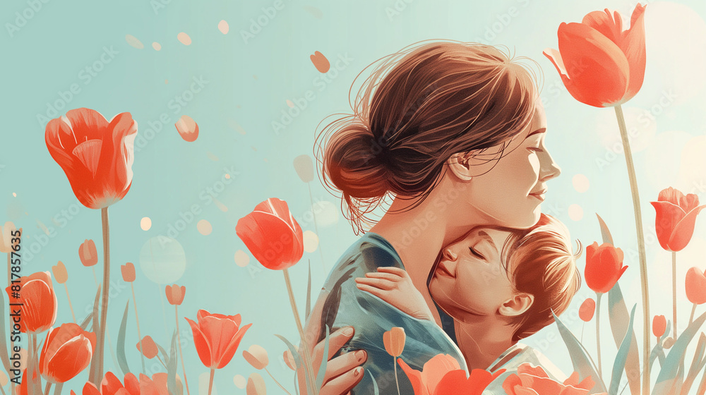 illustration of a woman with flowers. Mom and son. Mother's day concept. illustration of a woman with flowers. Mom and son. Mother's day concept.