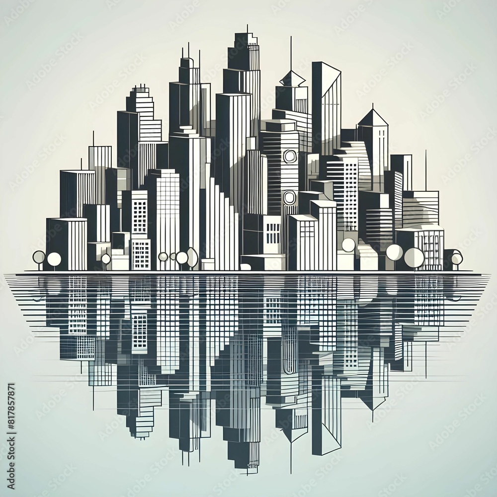 Fototapeta premium Stylized, geometric cityscape, reflecting in water, vector illustration