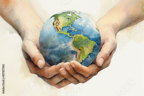 Caring hands cradle a blue and green planet,symbolizing environmental protection for our worldCaring hands cradle a blue and green planet,symbolizing environmental protection for our world