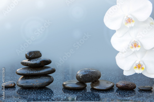 White orchid flowers and black spa stones on the gray table background.