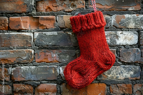 A red sock hanging on a brick wall