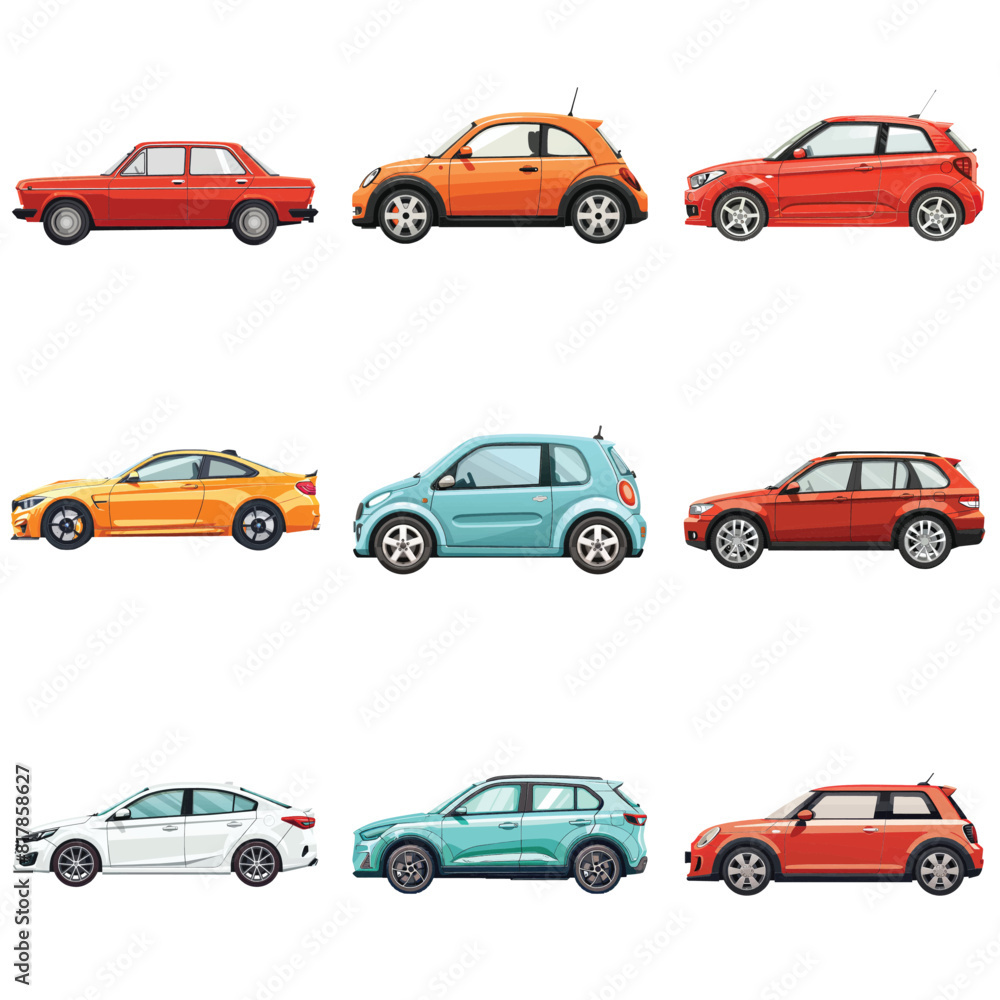 Side view of the car, set icon, flat illustration, cartoon, isolated images on a white background