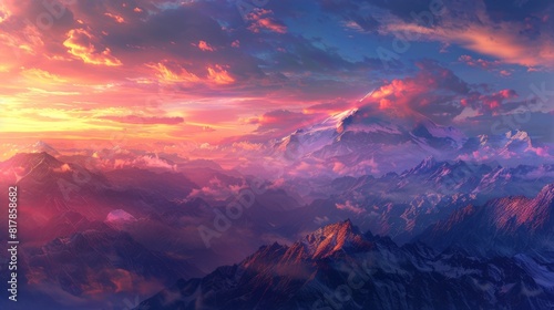 Majestic sunrise over a mountain range, with the sky ablaze with colors and the first light of dawn illuminating the rugged peaks. photo