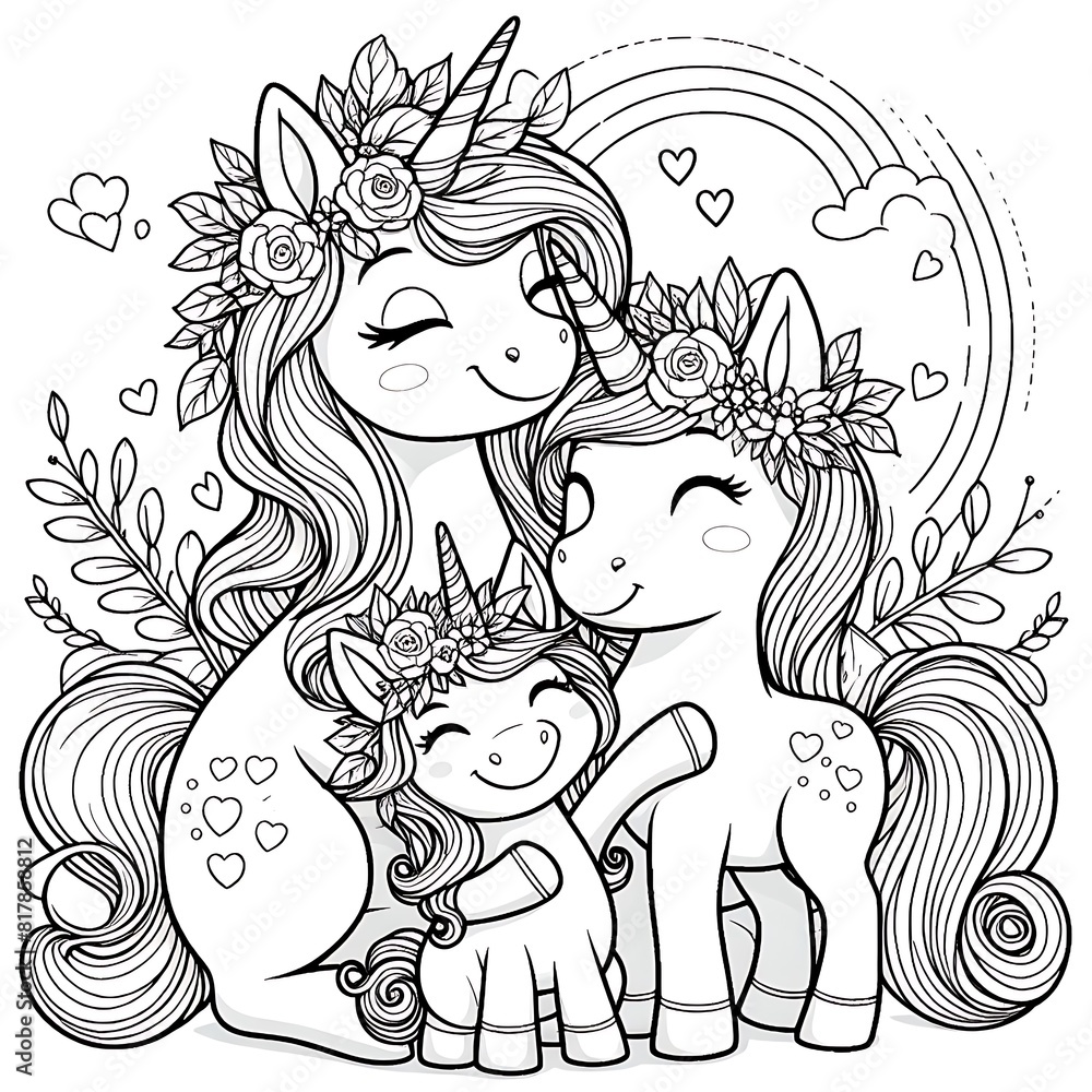 A coloring page of a unicorn and a baby unicorn meaning has illustrative image.