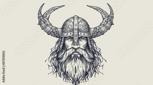 Face of bearded Viking wearing horned helmet hand drawn photo