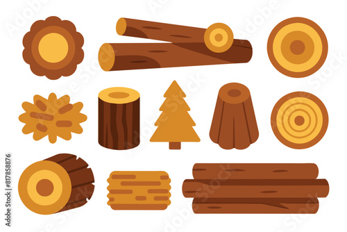 Set of Wooden elements, lumber wood logs and tree trunks photo
