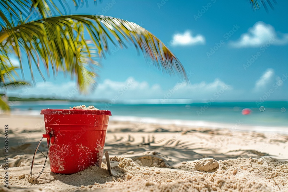 A red bucket placed on sandy shore by ocean A red bucket placed on sandy shore by ocean