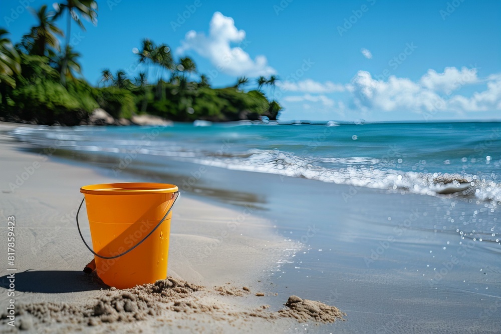 A bucket by the shore under the sun A bucket by the shore under the sun
