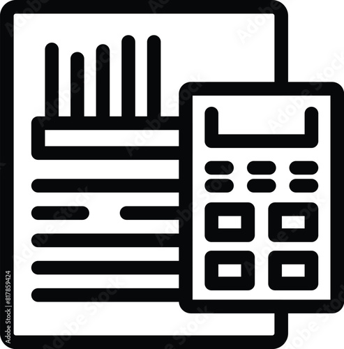 Financial report analysis icon with calculator. Chart. Graph. And document for accounting. Budget. Business. Data. Statistics. Economy. Investment. Spreadsheet. Balance. Calculation. Revenue. Audit