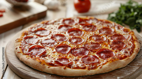 Wooden board with tasty pepperoni pizza on table