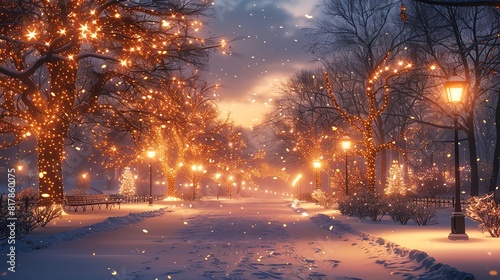 Calm snowy park at night, twinkling lights on trees and a peaceful winter ambiance © nitiroj