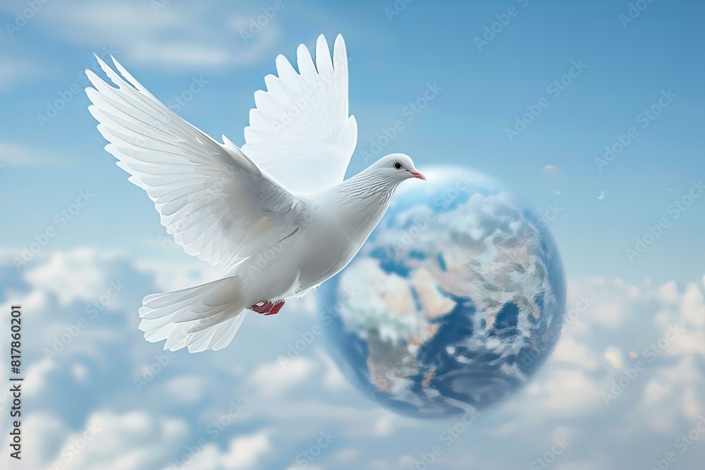 Fototapeta premium White dove flying in the sky with a blue earth in the background