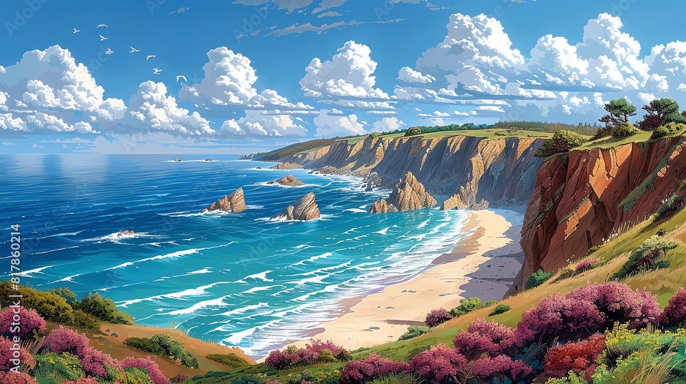 Fototapeta premium Coastal cliffs with waves crashing below, dramatic seascape under a clear blue sky