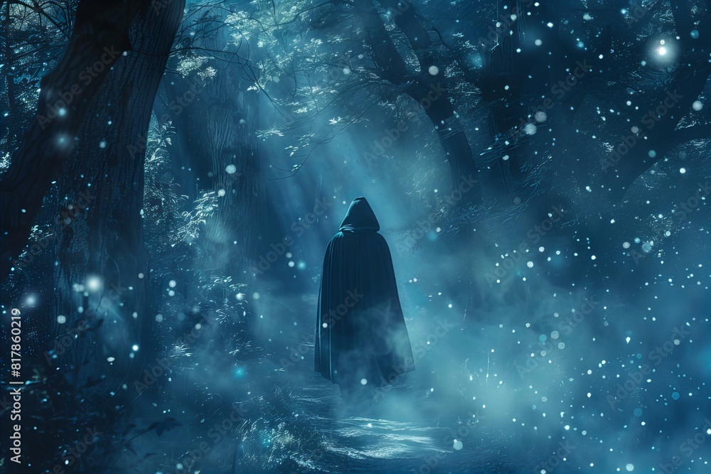 A man in a hooded cloak walks alone in a snowy forest A man in a hooded cloak walks alone in a snowy forest