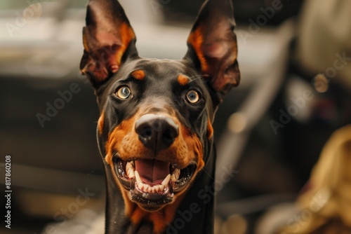 Close-up of a happy, alert black and tan dog with upright ears and bright eyes, looking directly at the camera with an open mouth.