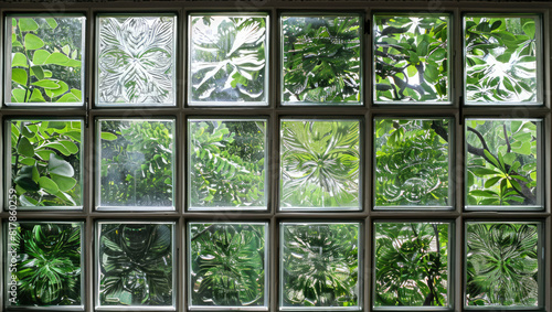 Green glass blocks wall textured background with plants   geometric pattern window