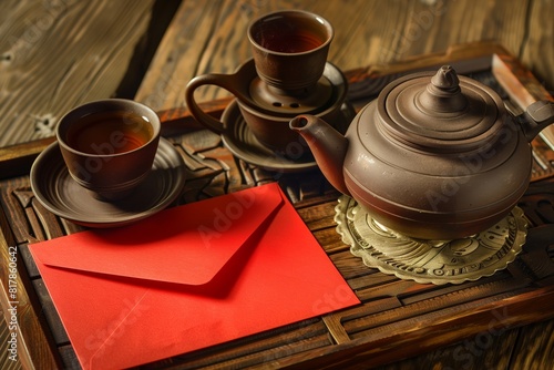 A serene tea setup with a dark brown teapot, two teacups, and a red envelope on a wooden tray, showcasing traditional Asian tea culture.