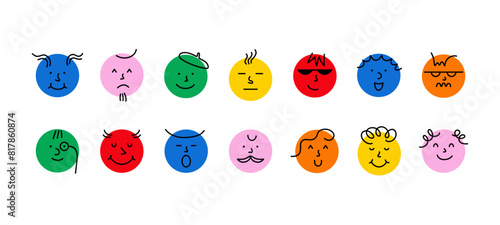 Round comic faces with different emotions. Cartoon doodle characters with funny emotions, happy sad angry surprised faces crayon drawing style. Vector isolated set