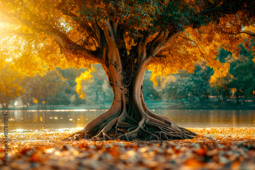 Tree of life concept. The sunlight shines through the branches of a big tree during autumn season.