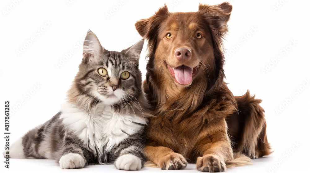 Obraz premium A cat and a dog are laying on a white background