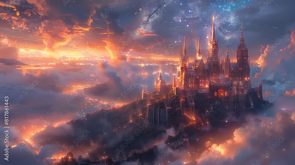 Enchanted castle on a hill, twilight sky with glowing lights and mystical surroundings Enchanted castle on a hill, twilight sky with glowing lights and mystical surroundings