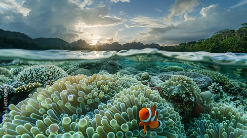 Clownfish nestled within anemone's protective tentacles in Raja Ampat's coral garden, surreal dusk light filtering through the surf.