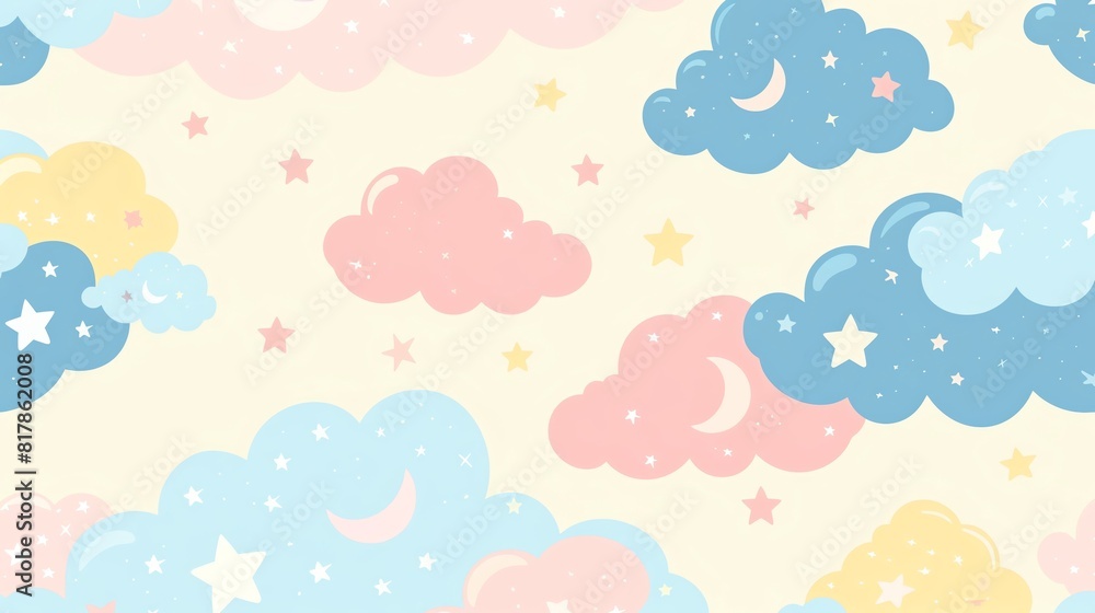 Cute pastel wallpaper with whimsical illustrations of clouds stars and moons in gentle shades of pink blue and yellow perfect for a child s room or nursery