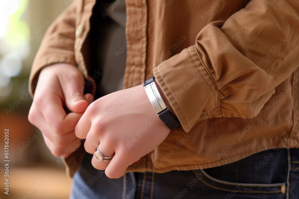 Fototapeta premium Close-up of a person wearing a brown jacket, jeans, and a wristwatch, with a focus on their hands and ring.