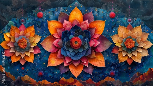 Intricate geometric mandalas, detailed lines and vibrant colors with symmetrical designs