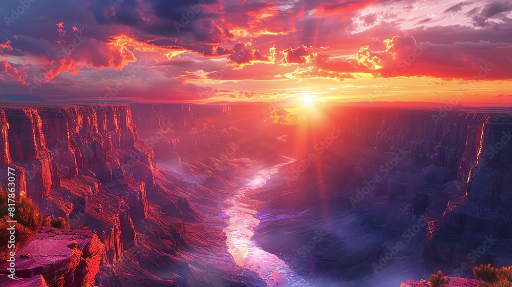 Fototapeta premium Majestic canyon at sunrise, dramatic cliffs and vibrant colors with a river winding through