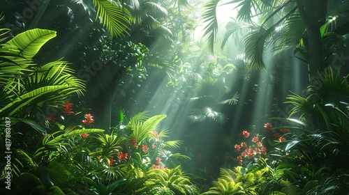 Lush rainforest canopy with sunlight streaming through  vibrant greens and exotic flora