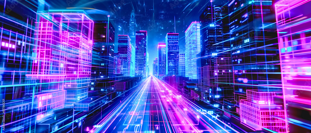 Obraz premium 3d wireframew on futuristic cityscape illuminated with neon lights, showcasing tall buildings outlined in vibrant colors, motion moument and technologically advanced urban environment