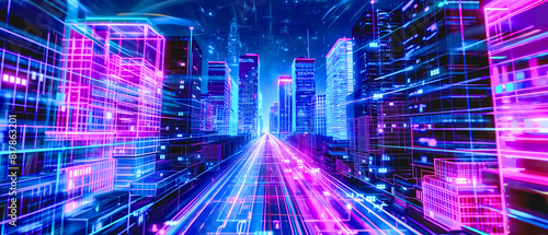 3d wireframew on futuristic cityscape illuminated with neon lights, showcasing tall buildings outlined in vibrant colors, motion moument and technologically advanced urban environment