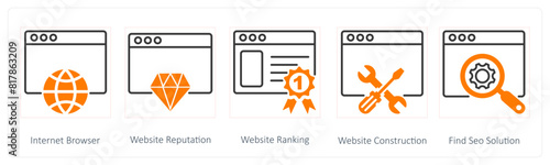 A set of 5 Seo icons as internet browser, website reputation, website ranking