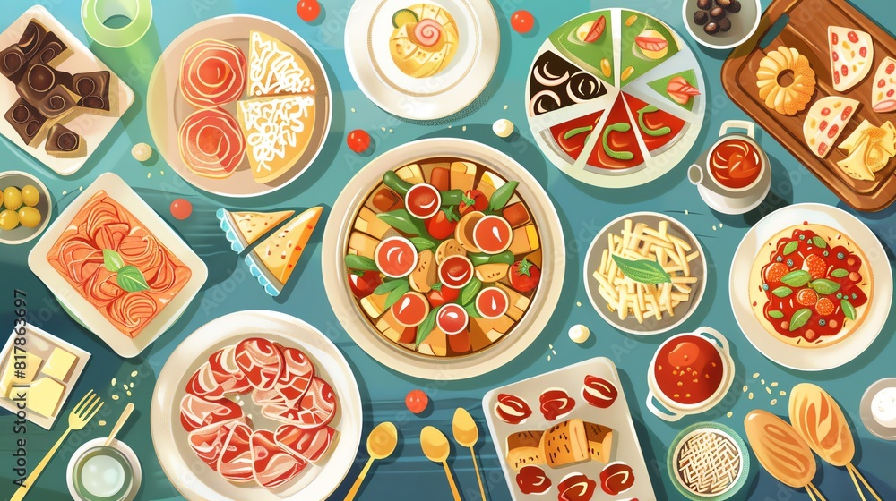 Food festival flat design top view gourmet cartoon drawing triadic color scheme Food festival flat design top view gourmet cartoon drawing triadic color scheme