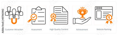 A set of 5 Seo icons as customer attraction, assessment, hight quality content photo