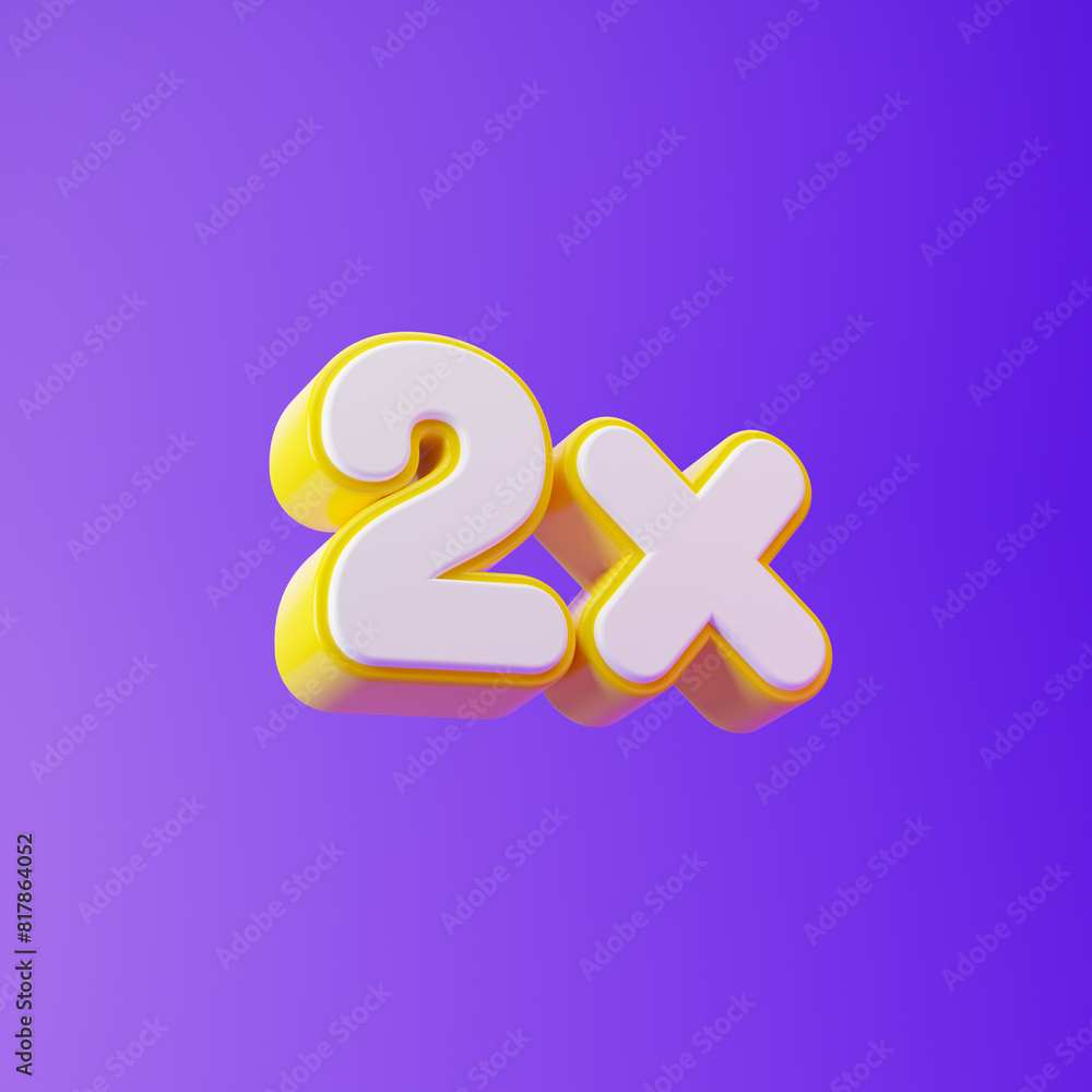 White 2x symbol with yellow outline isolated over purple background. 3D rendering. White 2x symbol with yellow outline isolated over purple background. 3D rendering.