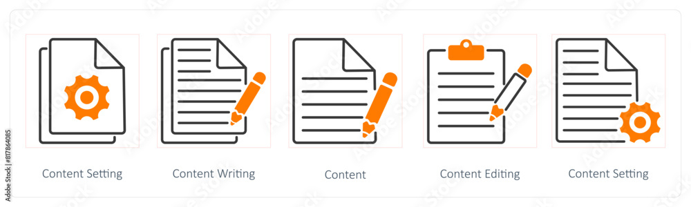 A set of 5 Seo icons as content setting, content writing, content A set of 5 Seo icons as content setting, content writing, content