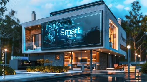 A modern residential house with Smart Home written on the side, showcasing innovative and automated solutions for a safe, sustainable, and energy-efficient living environment.