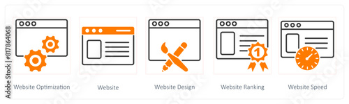 A set of 5 Seo icons as website optimization, website, website design