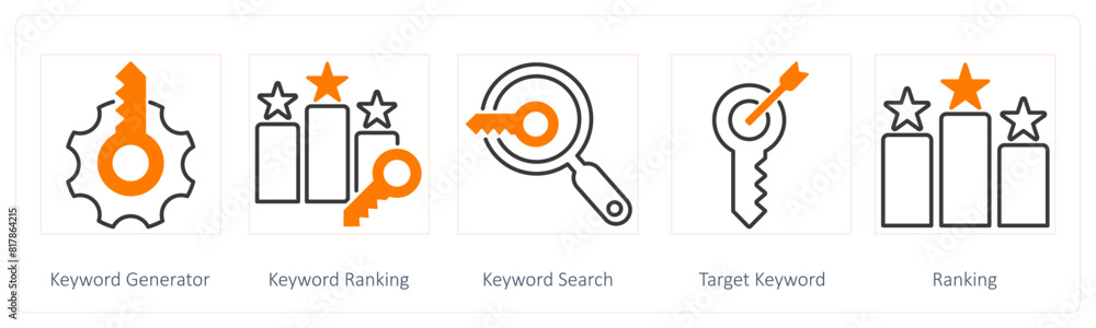 A set of 5 Seo icons as keyword generator, keyword ranking, keyword search