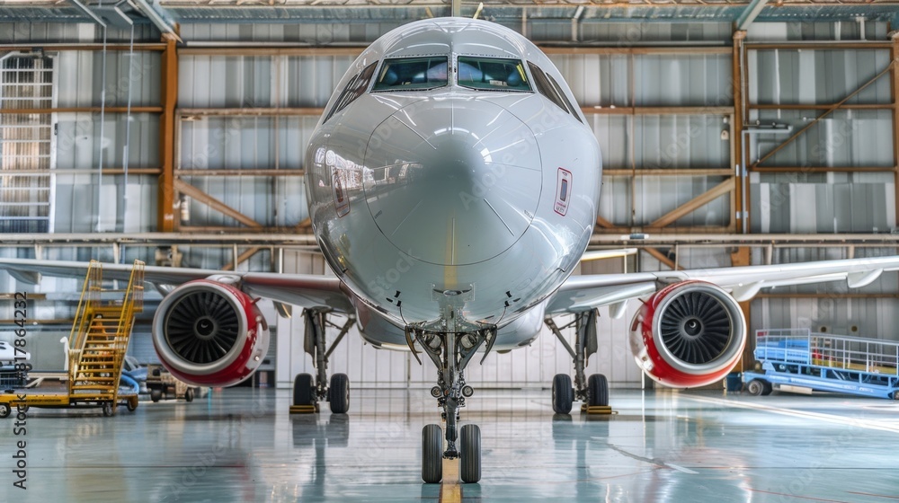 Passenger commercial airplane on maintenance of engine turbo jet and fuselage repair in airport hangar. Aircraft Passenger commercial airplane on maintenance of engine turbo jet and fuselage repair in airport hangar. Aircraft